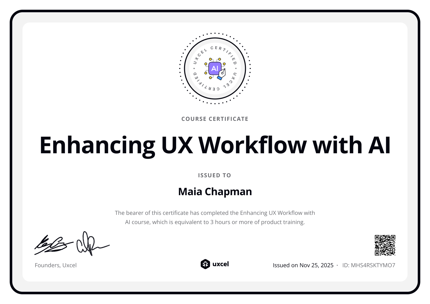 Maia Chapman's certificate